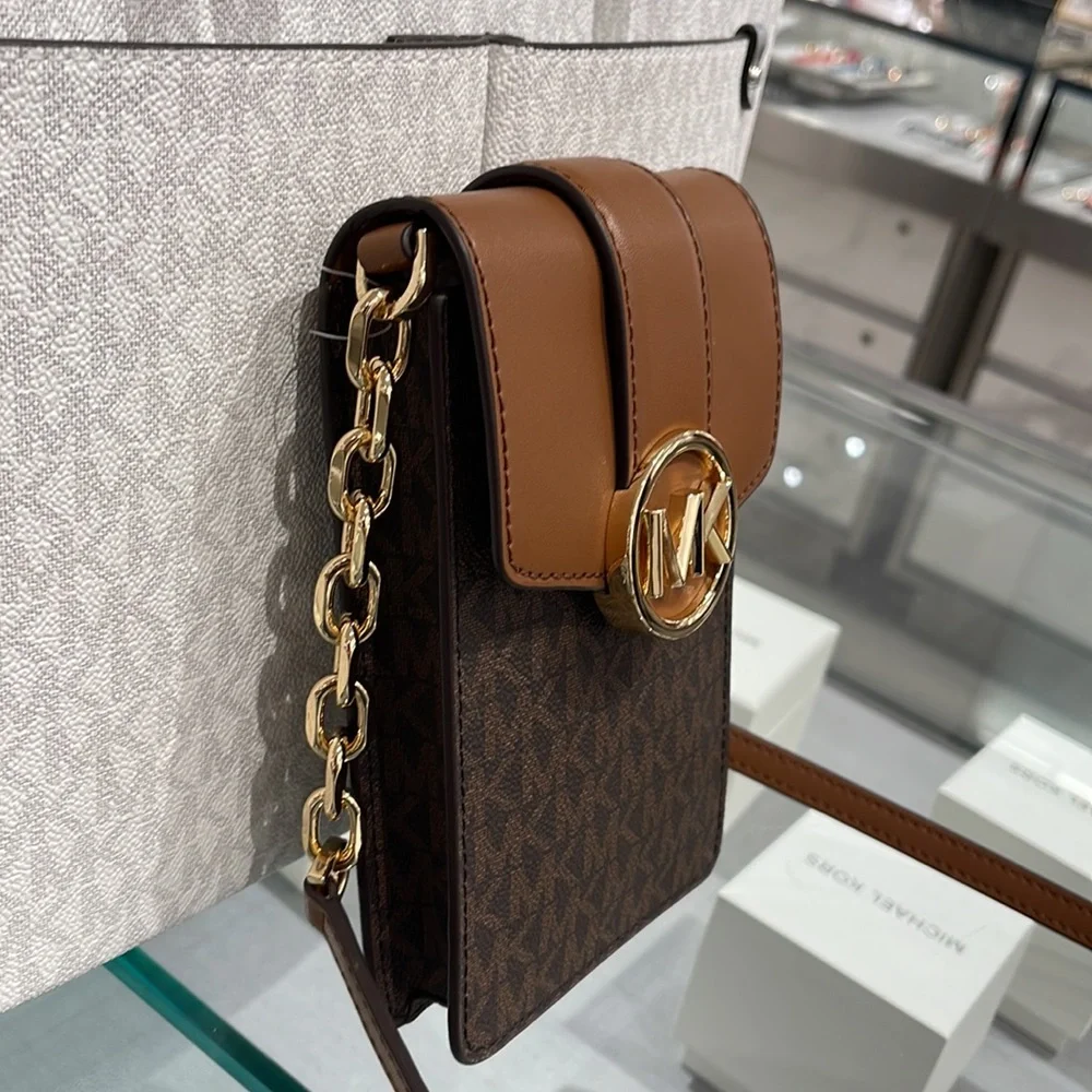 Michael Kors Carmen Small Logo Smartphone Crossbody Bag Brown NWT
